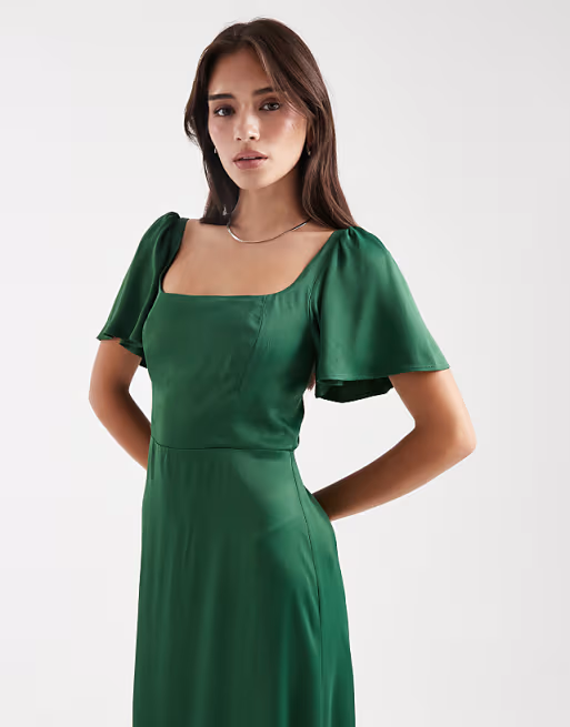 Elegant Aline Square Neck Flutter Sleeve Smocked Back Floor Length Bridesmaid Dresses