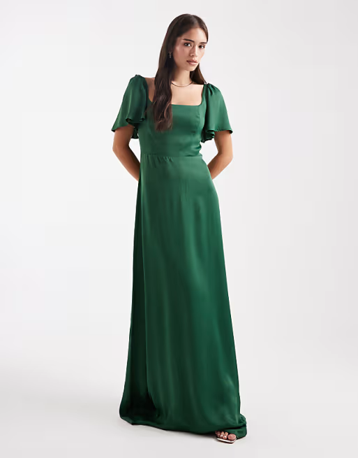 Elegant Aline Square Neck Flutter Sleeve Smocked Back Floor Length Bridesmaid Dresses