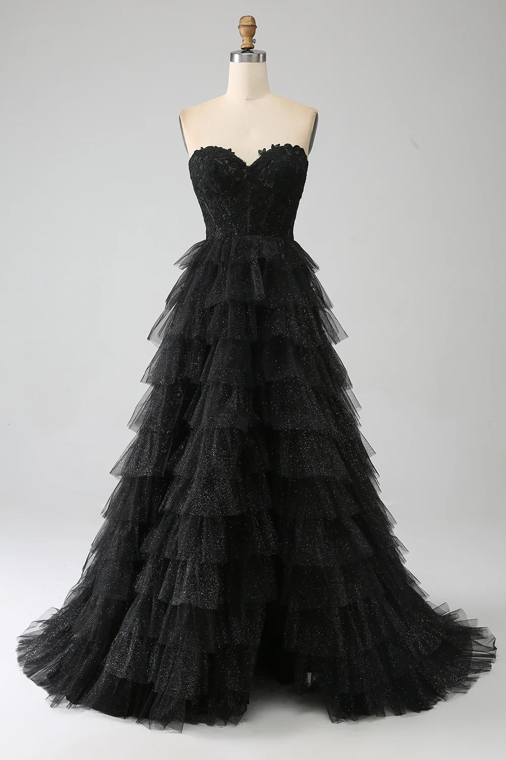 Elegant Ball Gown Sweetheart Strapless Lace Bodice Tiered Tulle Train Evening Dress