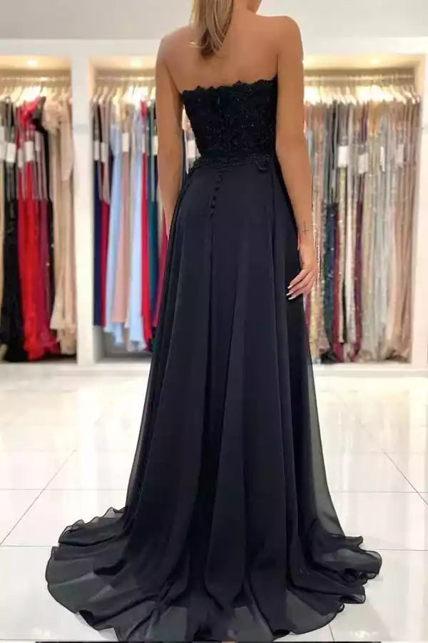 Elegant Black Chiffon A-Line Gown with Lace Sweetheart Bodice & High Slit