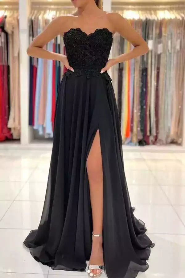 Elegant Black Chiffon A-Line Gown with Lace Sweetheart Bodice & High Slit
