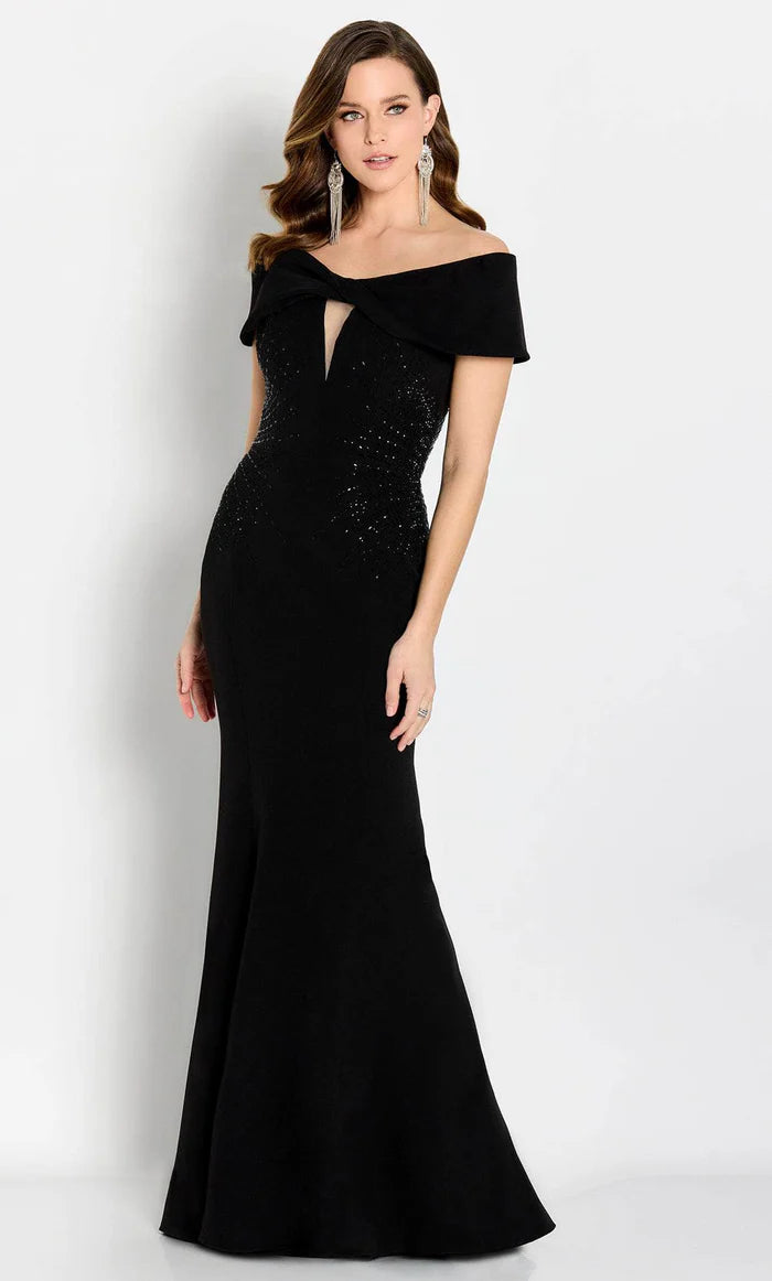 Elegant Black Crepe Mermaid Off-the-Shoulder Sweetheart Neck Beaded Detail Mother of the Bride Dresses