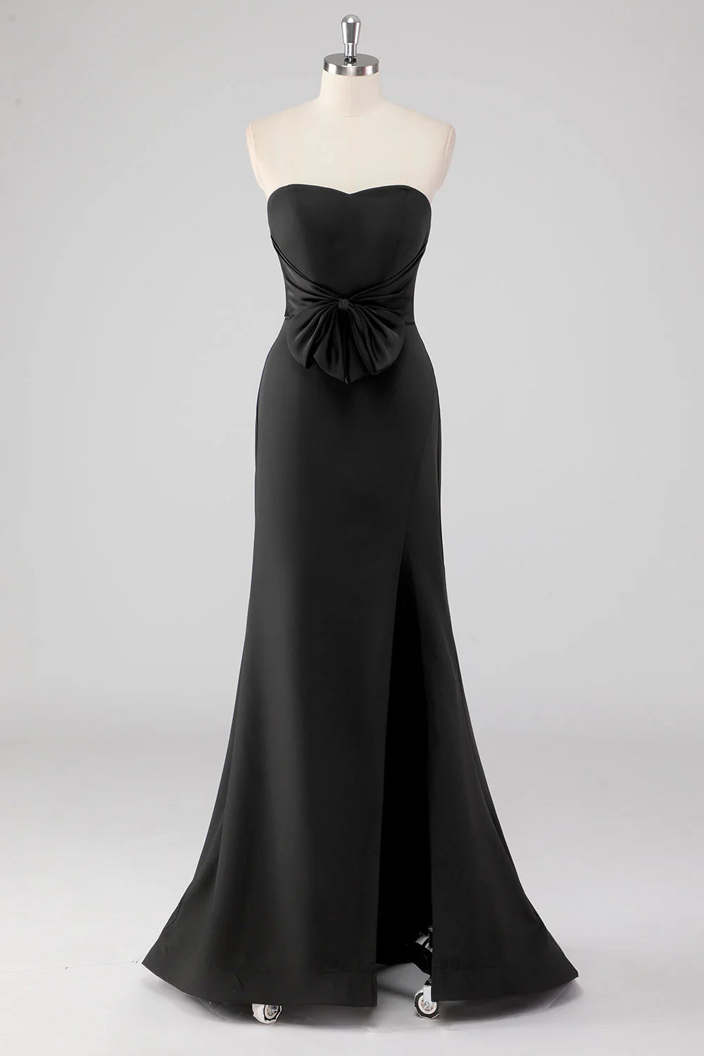 Elegant Black Mermaid Strapless Bow Detail Evening Dress with Slit