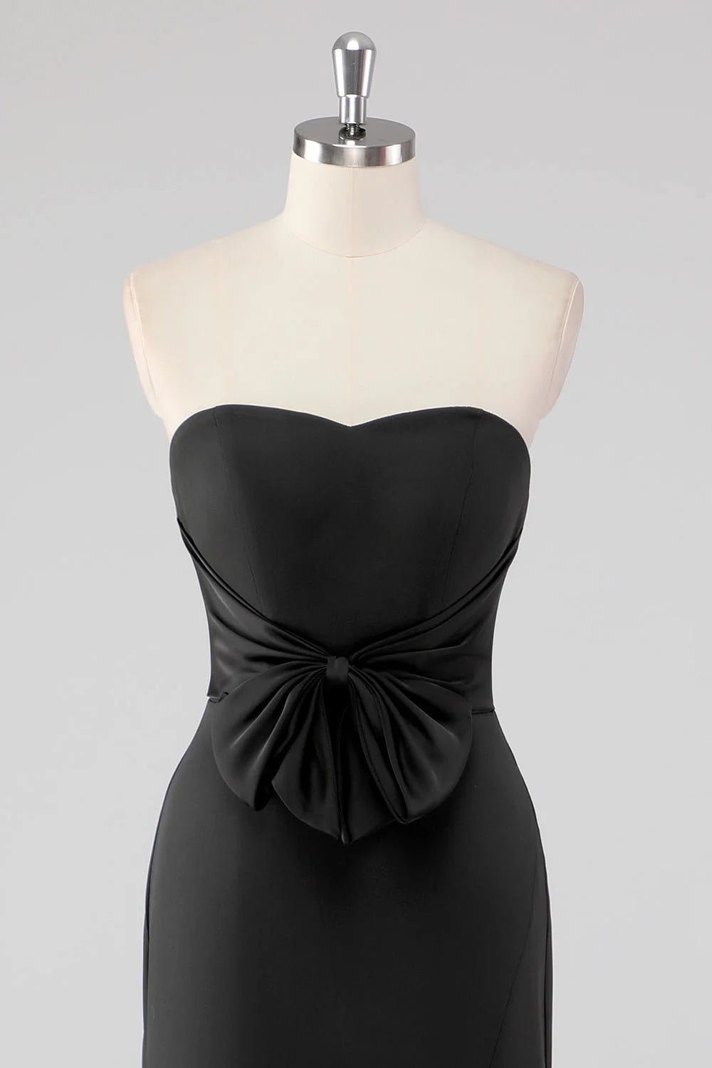 Elegant Black Mermaid Strapless Bow Detail Evening Dress with Slit