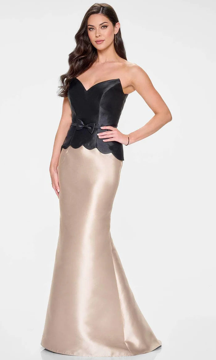 Elegant Black & Champagne Satin Mermaid Strapless Sweetheart Neck Peplum Detail Mother of the Bride Dresses
