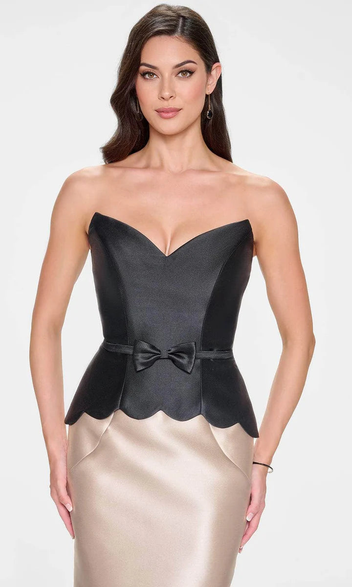 Elegant Black & Champagne Satin Mermaid Strapless Sweetheart Neck Peplum Detail Mother of the Bride Dresses