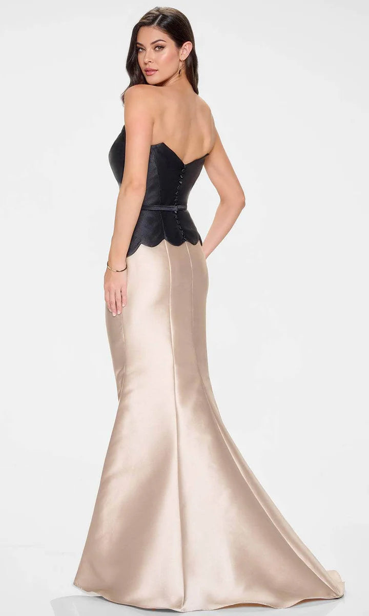 Elegant Black & Champagne Satin Mermaid Strapless Sweetheart Neck Peplum Detail Mother of the Bride Dresses