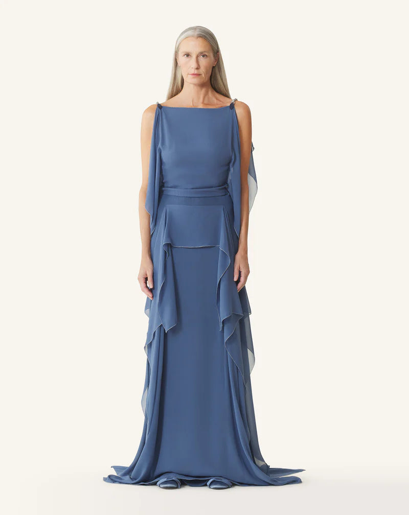 Elegant Blue Chiffon A Line Chain Strap Off Shoulder Tiered Floor Length Evening Dress