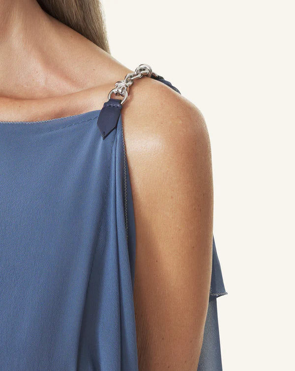 Elegant Blue Chiffon A Line Chain Strap Off Shoulder Tiered Floor Length Evening Dress