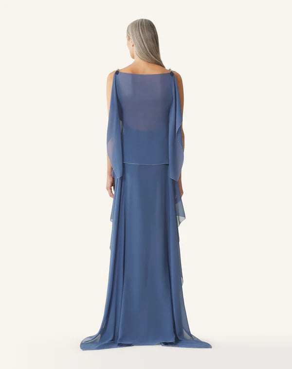 Elegant Blue Chiffon A Line Chain Strap Off Shoulder Tiered Floor Length Evening Dress