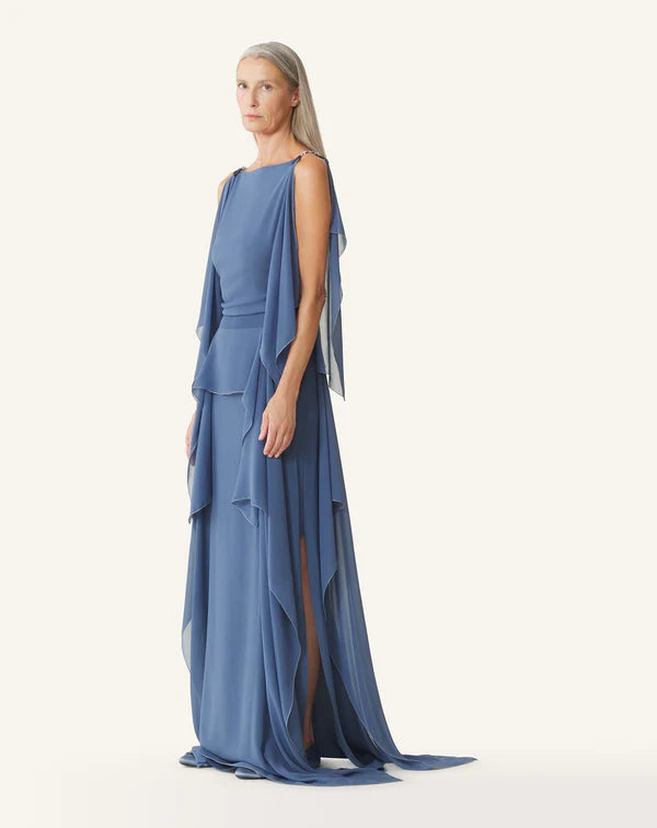 Elegant Blue Chiffon A Line Chain Strap Off Shoulder Tiered Floor Length Evening Dress