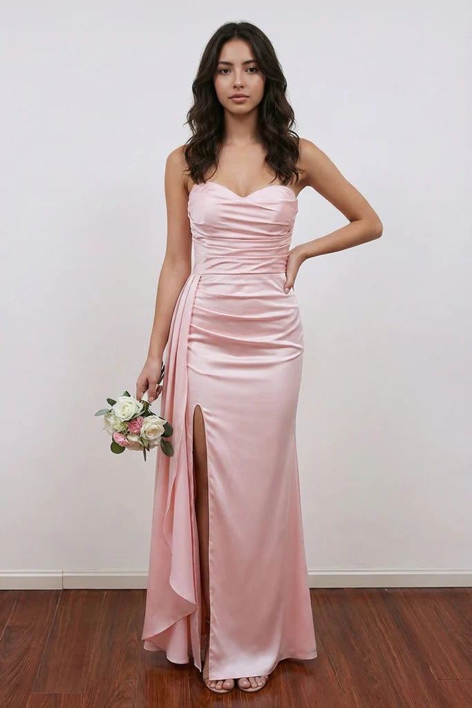 Elegant Blush Mermaid Strapless Sweetheart Draped Open-Back High-Slit Floor-Length Prom Dress