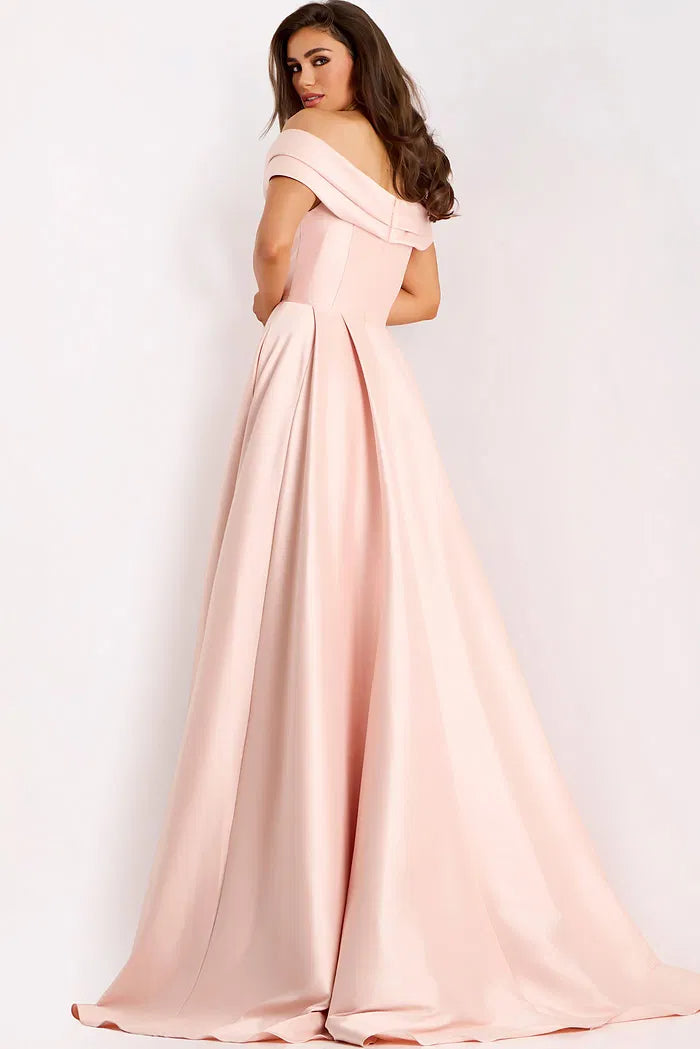 Elegant Blush Pink Satin Evening Dress with Off-the-Shoulder Neck, Sweetheart Bust and A-Line Silhouette with Pockets