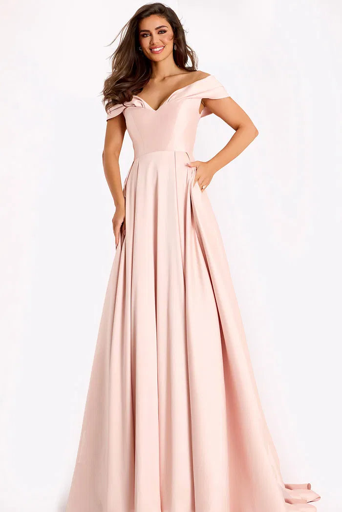 Elegant Blush Pink Satin Evening Dress with Off-the-Shoulder Neck, Sweetheart Bust and A-Line Silhouette with Pockets