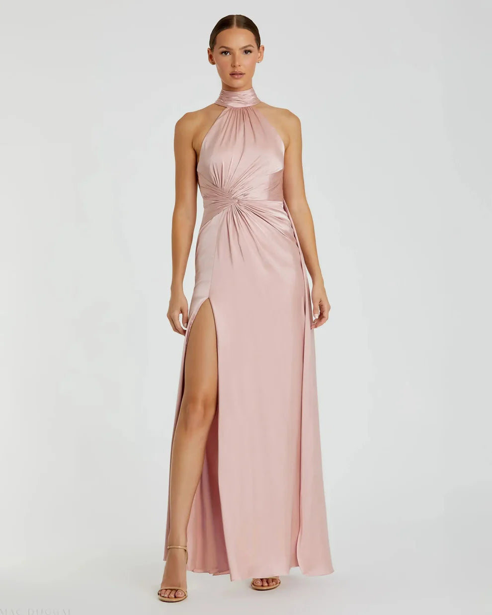 Elegant Blush Satin Mermaid Gown Halter Neck Sleeveless Zipper Back High Slit Floor-Length Evening Dresses