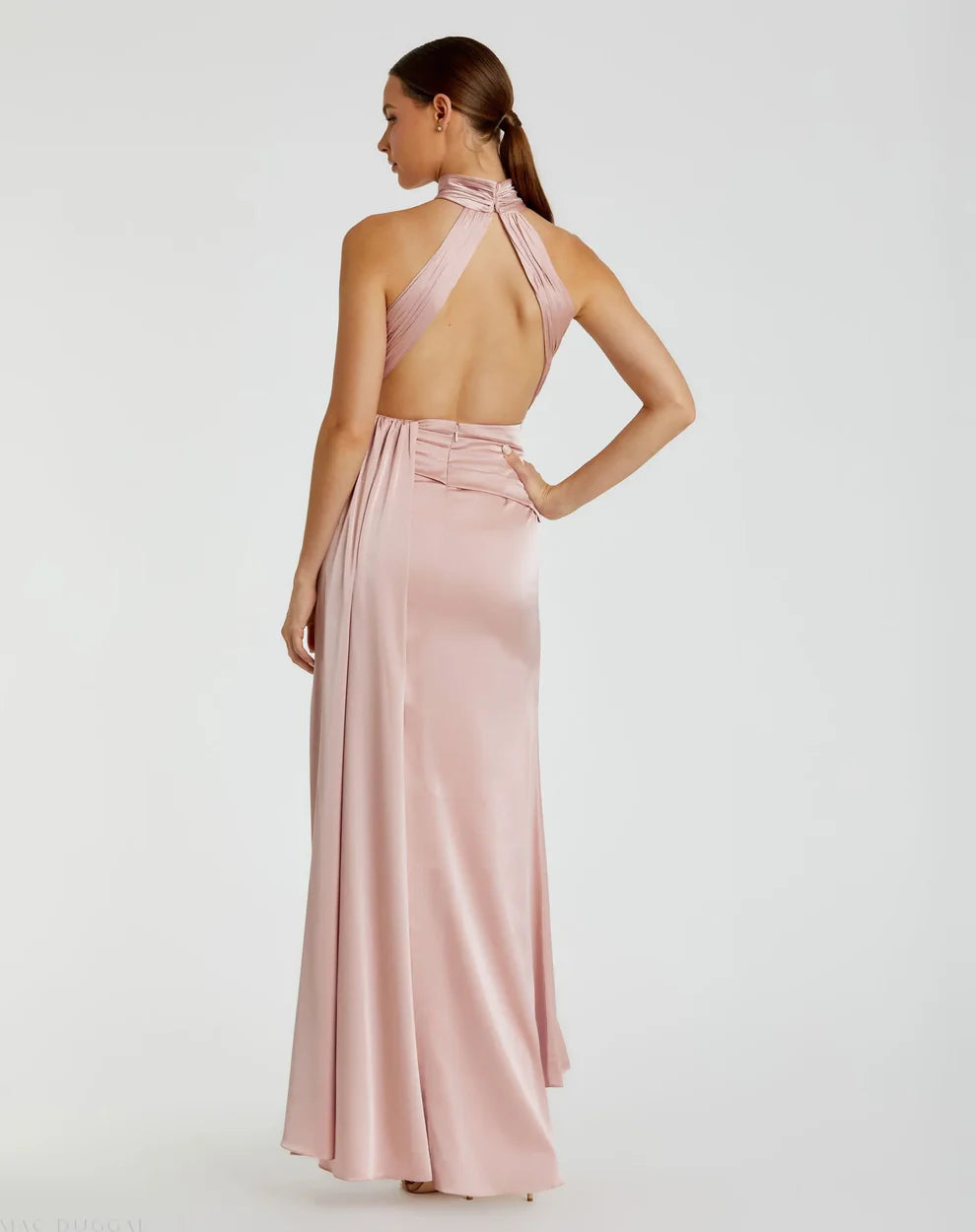 Elegant Blush Satin Mermaid Gown Halter Neck Sleeveless Zipper Back High Slit Floor-Length Evening Dresses