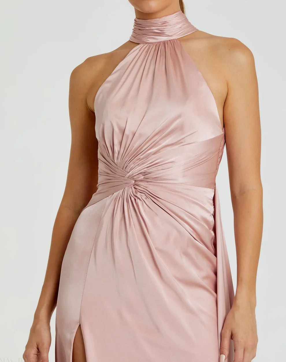 Elegant Blush Satin Mermaid Gown Halter Neck Sleeveless Zipper Back High Slit Floor-Length Evening Dresses
