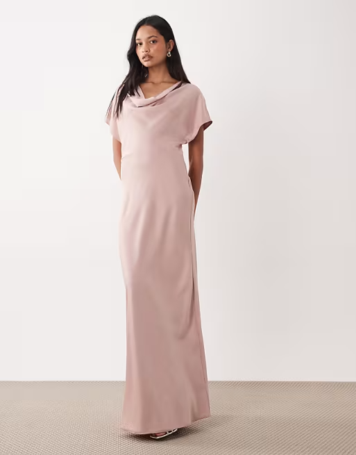Elegant Bridesmaid Dress Cowl Neck Short Sleeve Open Back Floor-Length