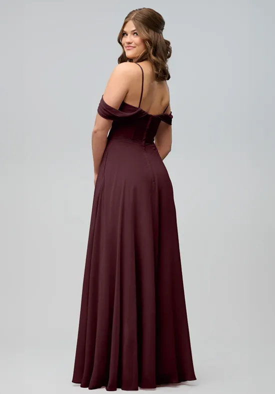 Elegant Burgundy Chiffon A-Line Off-the-Shoulder Floor-Length Bridesmaid Dress
