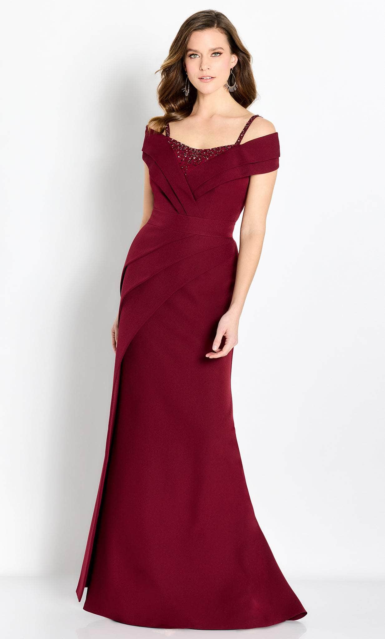 Elegant Burgundy Crepe Mermaid Off-the-Shoulder Sweetheart Neck Beaded Detail Mother of the Bride Dresses
