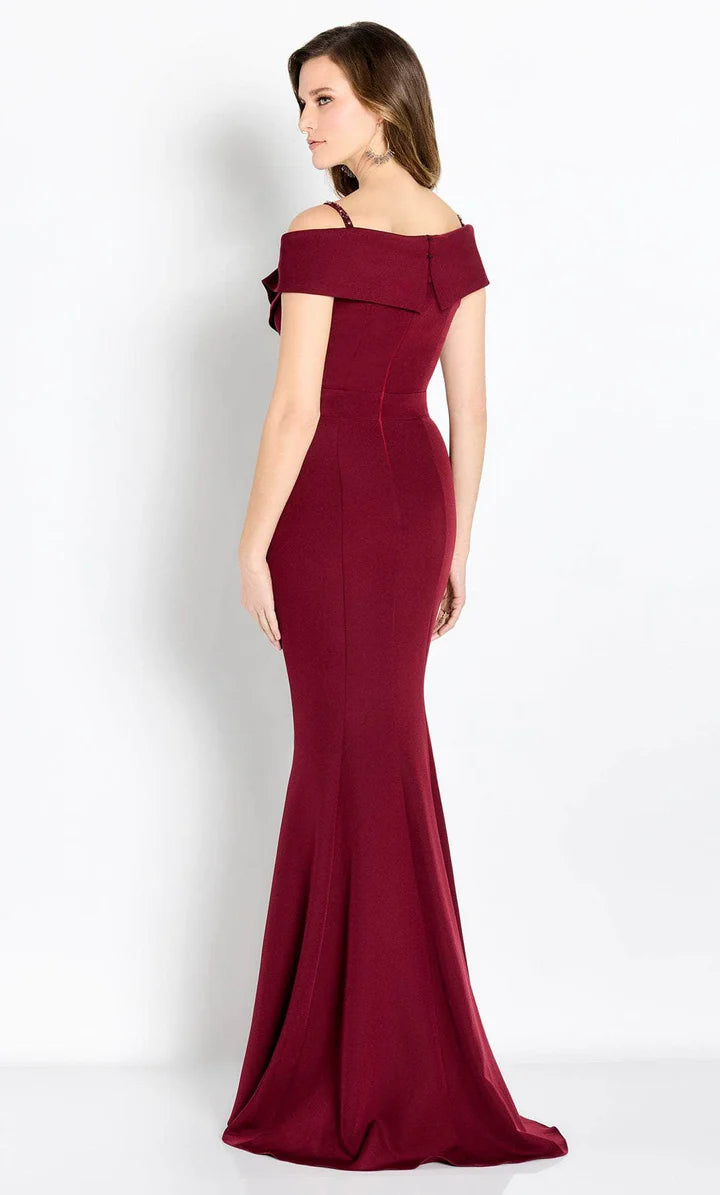 Elegant Burgundy Crepe Mermaid Off-the-Shoulder Sweetheart Neck Beaded Detail Mother of the Bride Dresses