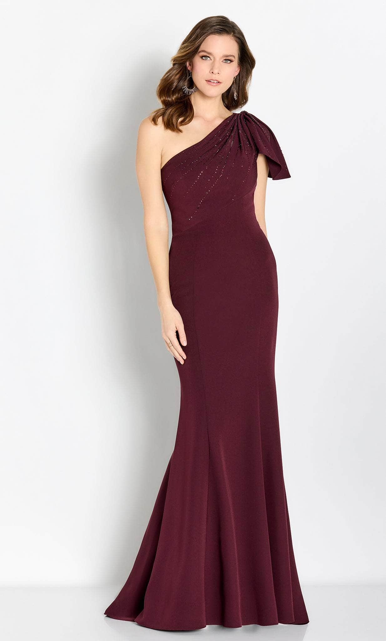 Elegant Burgundy Crepe Mermaid One-Shoulder Asymmetrical Sleeve Mother of the Bride Dresses