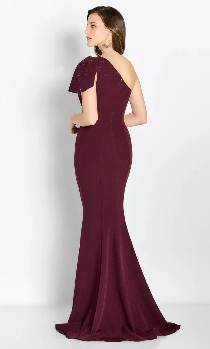 Elegant Burgundy Crepe Mermaid One-Shoulder Asymmetrical Sleeve Mother of the Bride Dresses