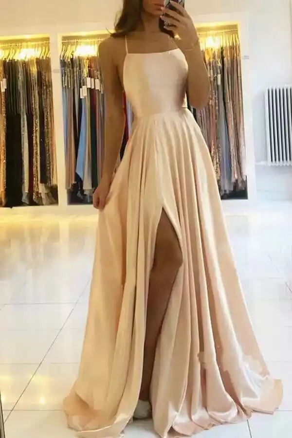 Elegant Champagne Satin A-Line Gown with Square Neck & Lace-Up Back