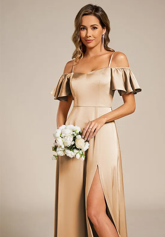 Elegant Champagne Satin A-Line Off-the-Shoulder Floor-Length Bridesmaid Dress with Slit
