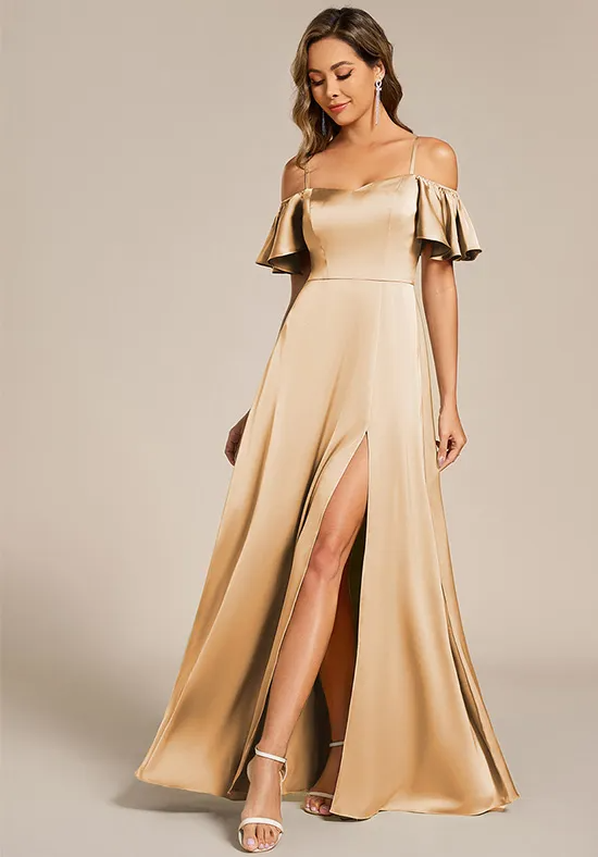 Elegant Champagne Satin A-Line Off-the-Shoulder Floor-Length Bridesmaid Dress with Slit