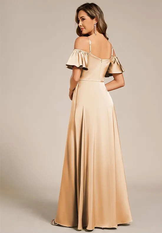 Elegant Champagne Satin A-Line Off-the-Shoulder Floor-Length Bridesmaid Dress with Slit