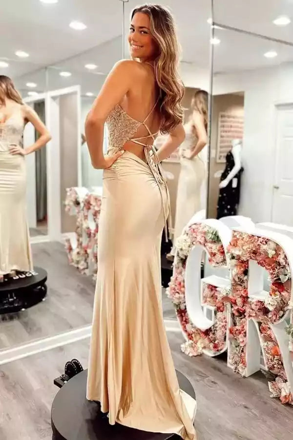 Elegant Champagne Satin Mermaid Gown with Lace Bodice & Lace-Up Back