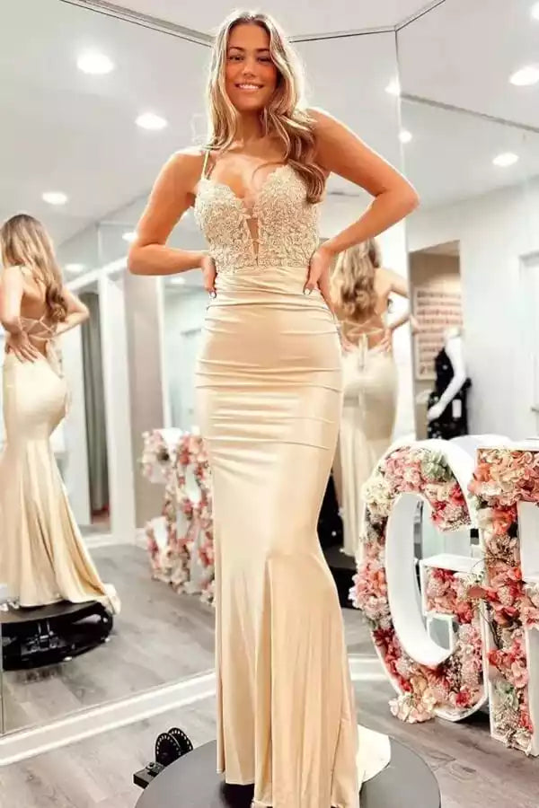 Elegant Champagne Satin Mermaid Gown with Lace Bodice & Lace-Up Back