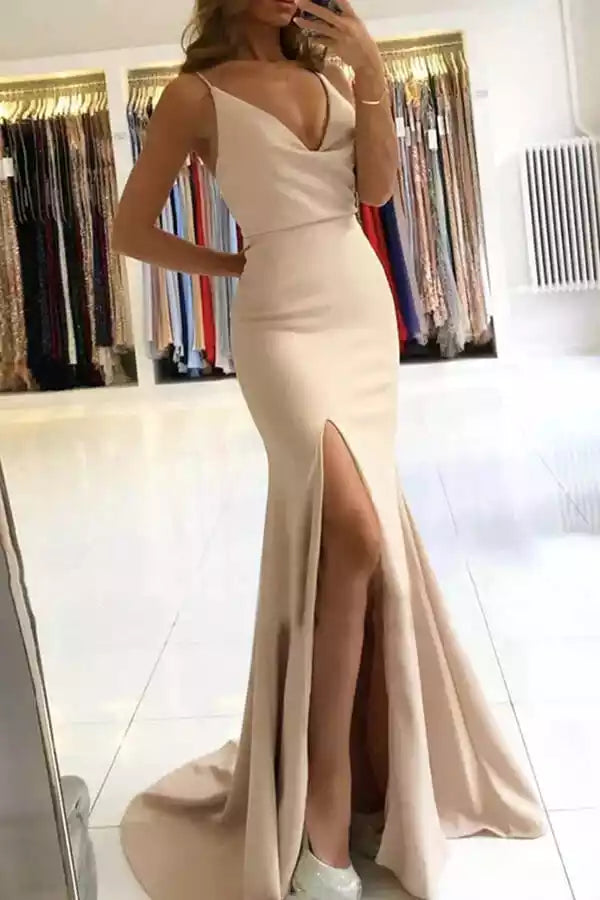 Elegant Champagne Satin Mermaid Gown with Plunge V-Neck & Open Back
