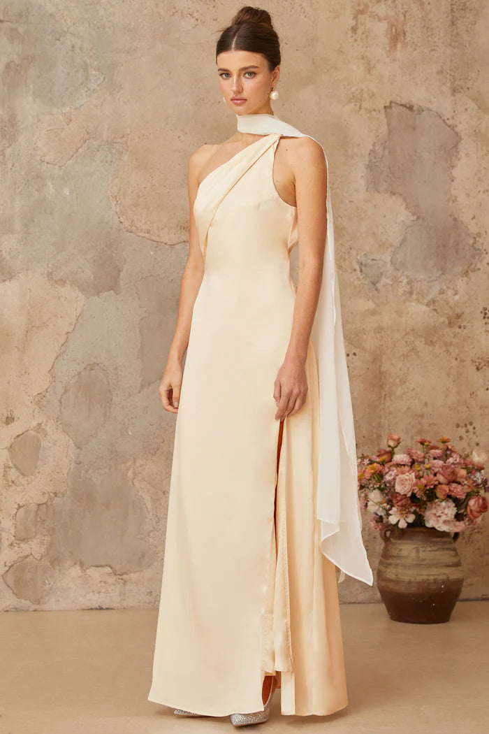 Elegant Champagne Satin One Shoulder Side Split Back Zip Floor Length Evening Dresses