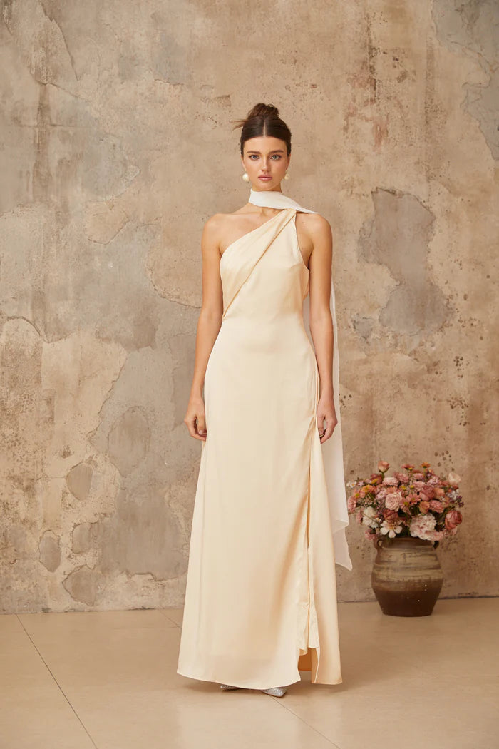 Elegant Champagne Satin One Shoulder Side Split Back Zip Floor Length Evening Dresses