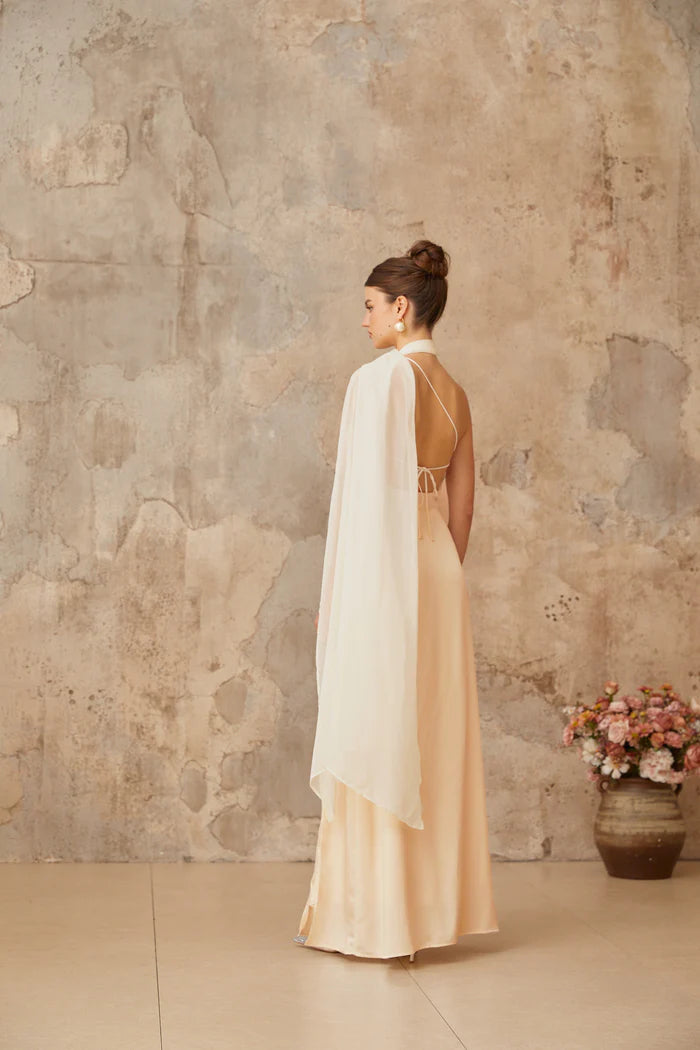 Elegant Champagne Satin One Shoulder Side Split Back Zip Floor Length Evening Dresses