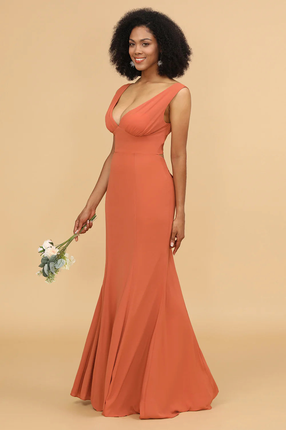 Elegant Chic Mermaid Deep V Neck Wide Strap Open Back Bow Tie Ruched Waist Floor-Length Chiffon Evening Dress