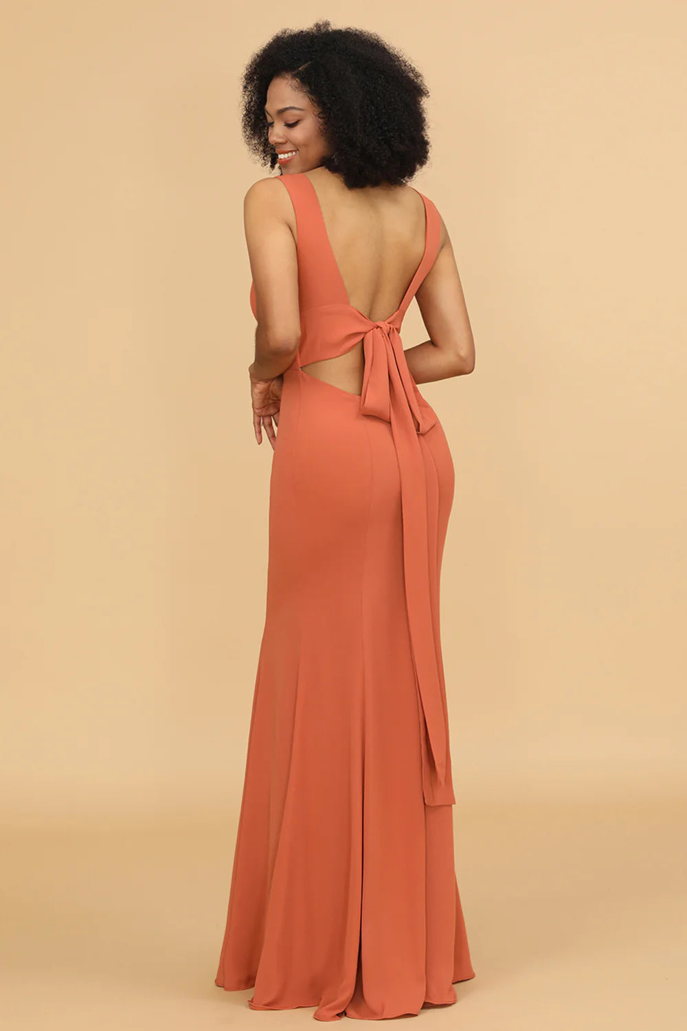 Elegant Chic Mermaid Deep V Neck Wide Strap Open Back Bow Tie Ruched Waist Floor-Length Chiffon Evening Dress
