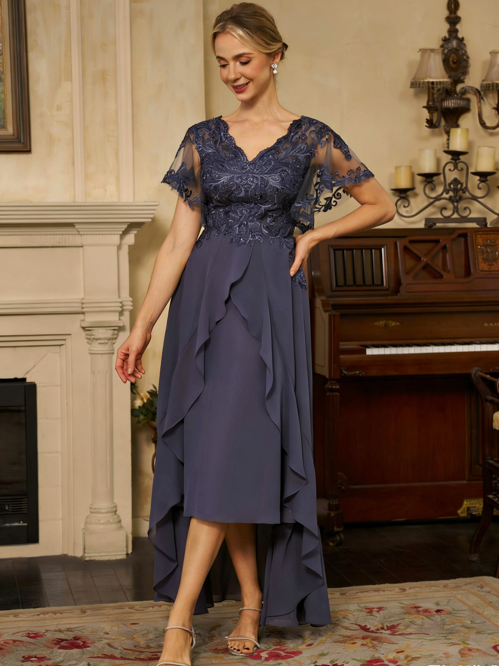 Elegant Chiffon A-Line V-Neck Lace Applique Short Sleeves Lace-Up Corset Back High-Low Hem Formal Mother of the Bride Dresses