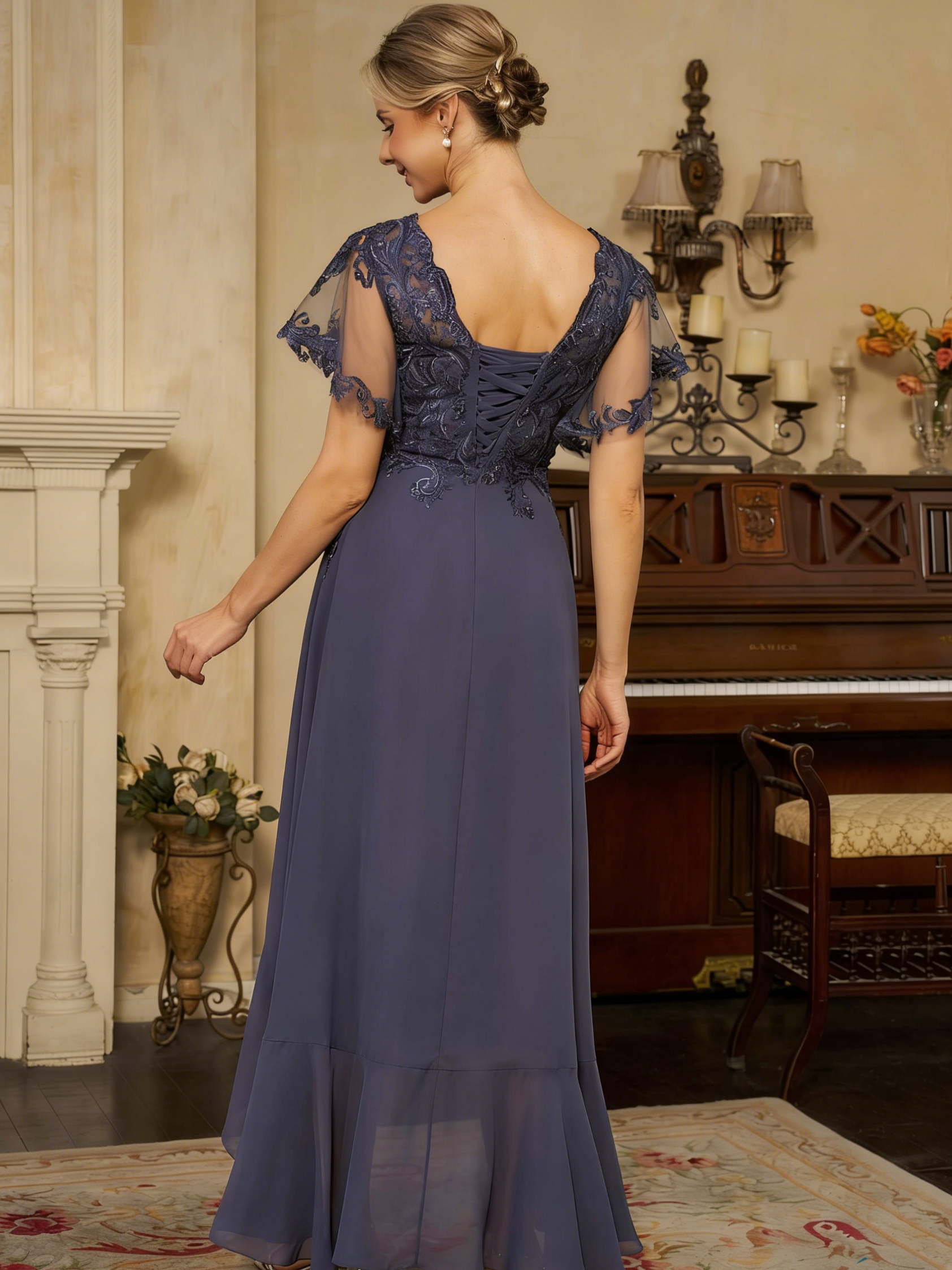 Elegant Chiffon A-Line V-Neck Lace Applique Short Sleeves Lace-Up Corset Back High-Low Hem Formal Mother of the Bride Dresses