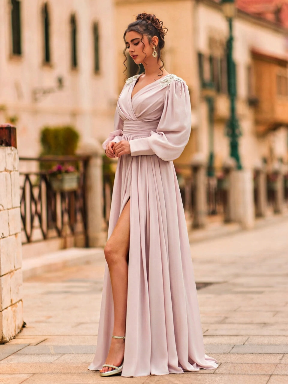 Elegant Chiffon A-Line V-Neck Long-Sleeve Beaded-Shoulder Slit Floor Length Evening Dress