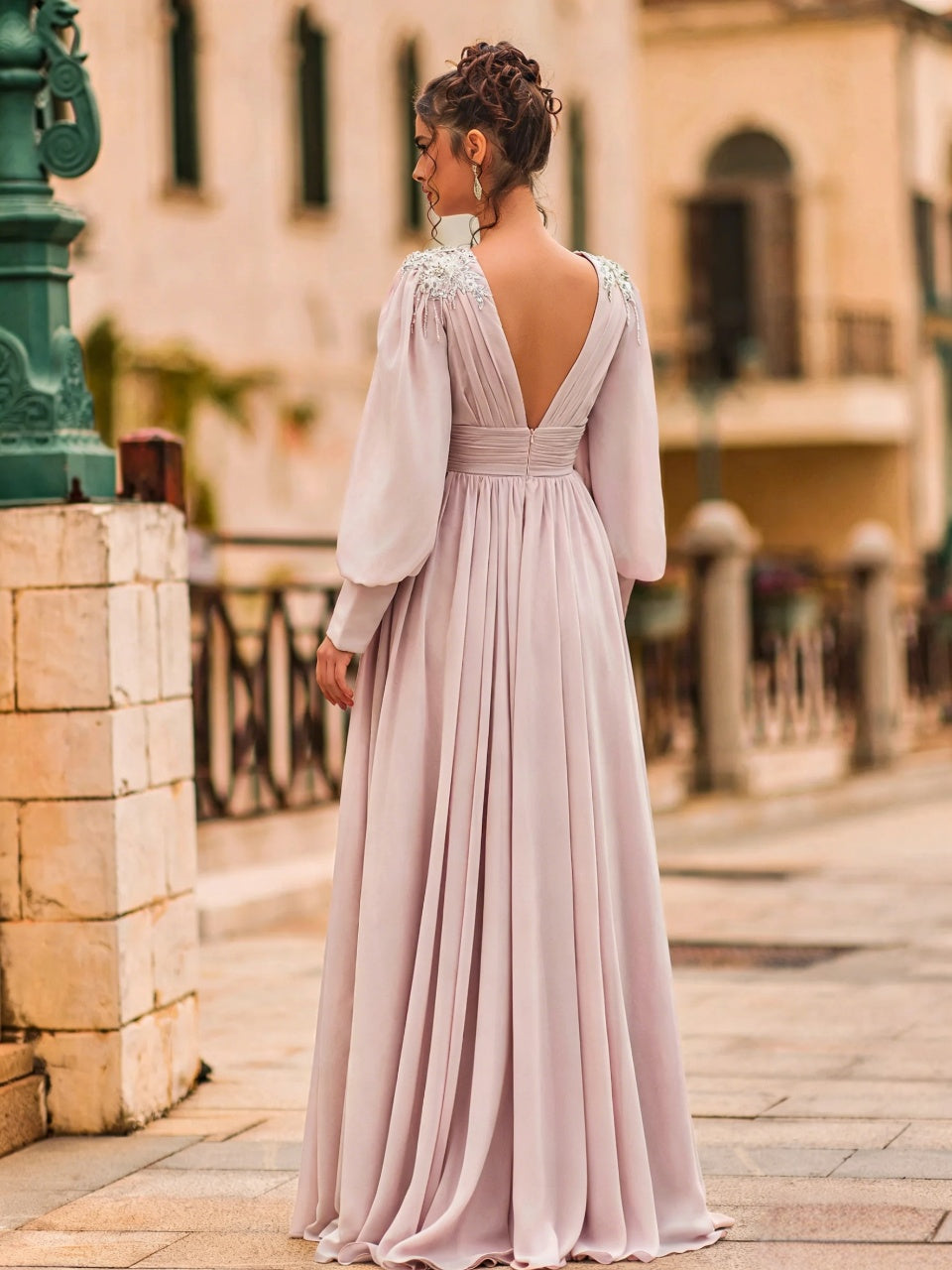 Elegant Chiffon A-Line V-Neck Long-Sleeve Beaded-Shoulder Slit Floor Length Evening Dress