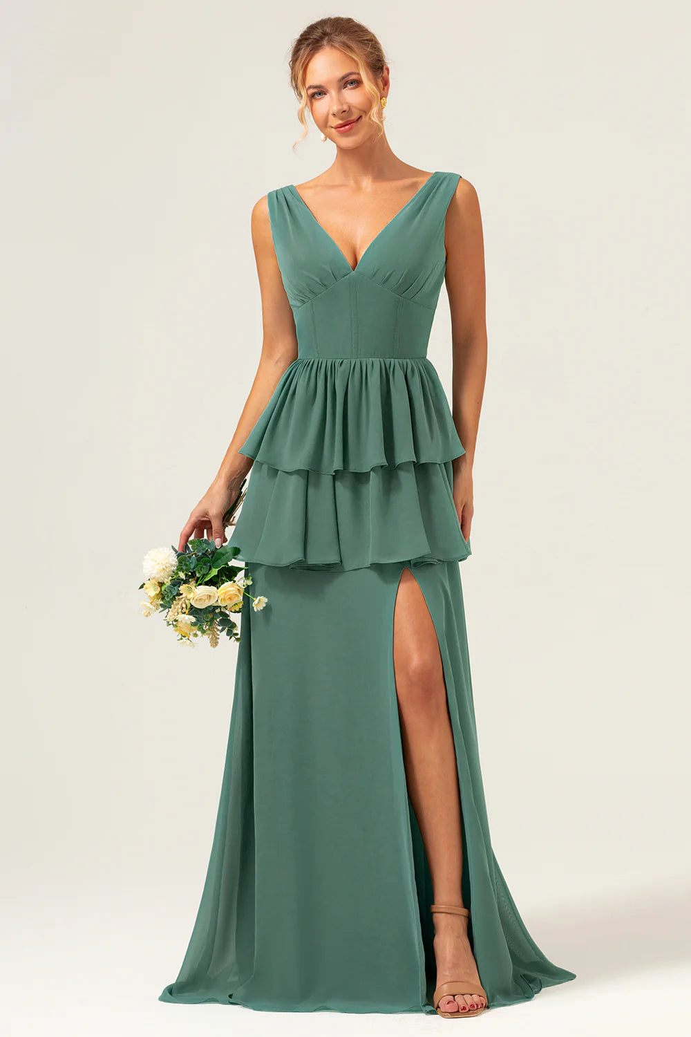 Elegant Chiffon A-Line V-Neck Sleeveless Zipper Back Floor-Length Evening Dress