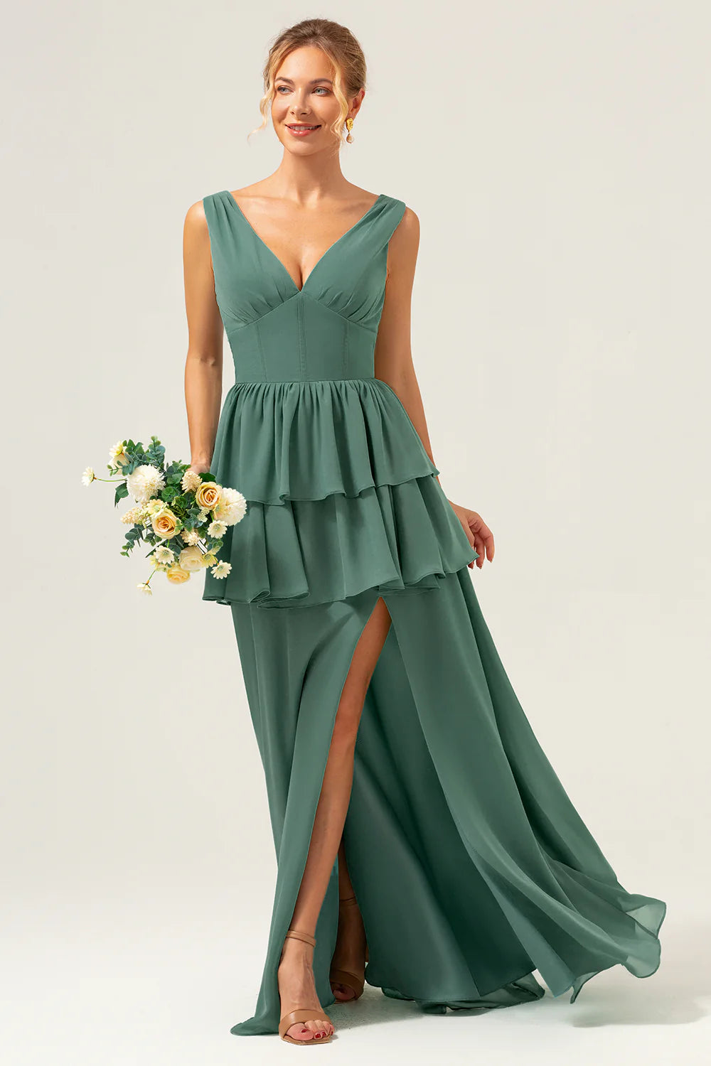 Elegant Chiffon A-Line V-Neck Sleeveless Zipper Back Floor-Length Evening Dress