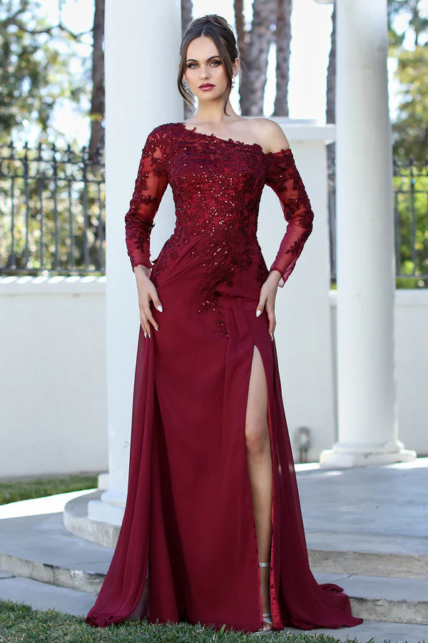 Elegant Chiffon Evening Dress with Off-the-Shoulder Lace Appliqué Bodice, Long Sheer Sleeves, and High Slit