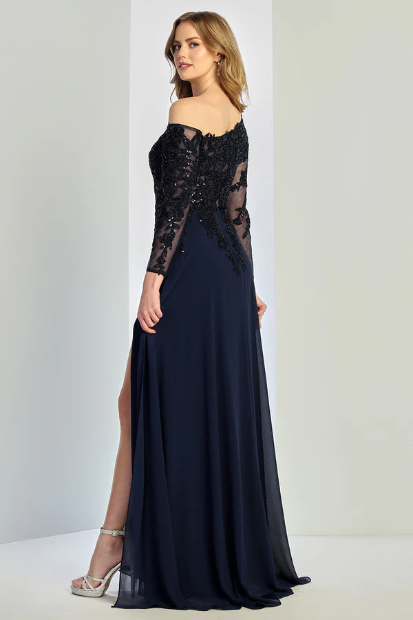 Elegant Chiffon Evening Dress with Off-the-Shoulder Lace Appliqué Bodice, Long Sheer Sleeves, and High Slit