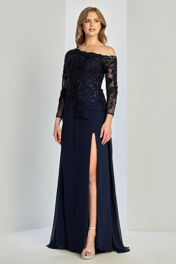 Elegant Chiffon Evening Dress with Off-the-Shoulder Lace Appliqué Bodice, Long Sheer Sleeves, and High Slit