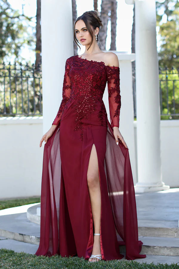 Elegant Chiffon Evening Dress with Off-the-Shoulder Lace Appliqué Bodice, Long Sheer Sleeves, and High Slit