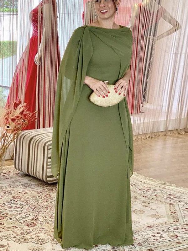 Elegant Chiffon Sheath Column Cowl Neck Cape Sleeve Zipper Back Floor-Length Maxi Formal Mother of the Bride Dresses